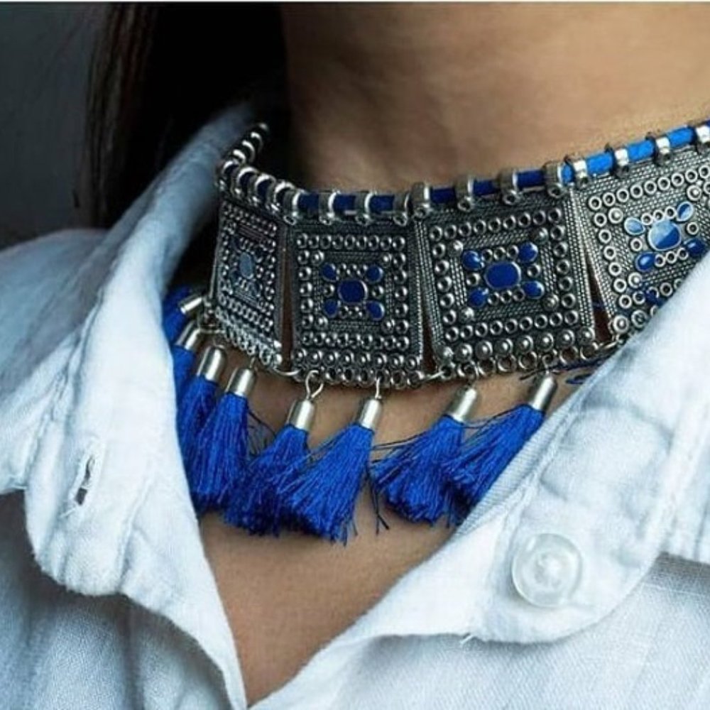 Afghan Blue Tassel Choker Necklace, Afghan Handmade Silver Jewelry